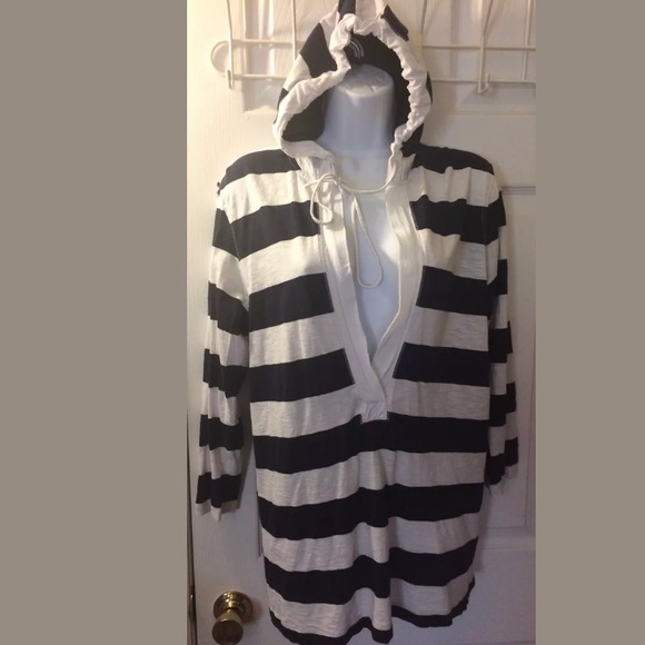 J. CREW Beach Striped Slub Top Hoodie Shirt Nautical Navy Blue White Blouse Knit - Picture 3 of 7